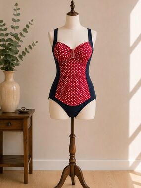SKYE Retro Polka Dot One Piece Swimsuit Black Red Size M
